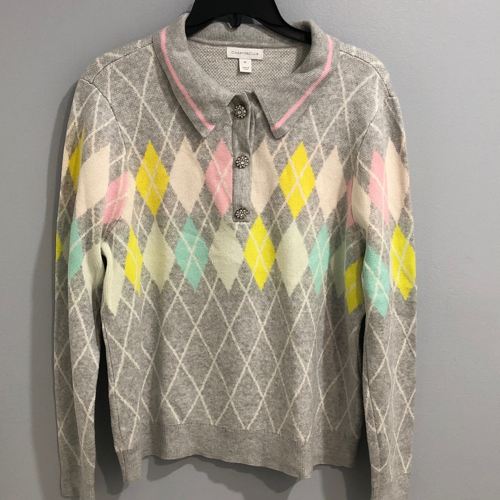 Charter Club Pastel Argyle Sweater knitted polo top Gray Colors Women’s Size XL